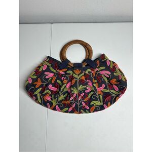 Earthdivas Kashmir Wool Crewel Work Bag Large Wood Handle Embroidered See Notes